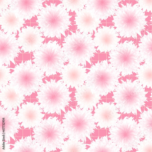 Fototapeta Abstract square seamless pattern with fluffy flowers and checked background. Pastel pink vector surface design, textile, fabric, wrapping paper, covers.