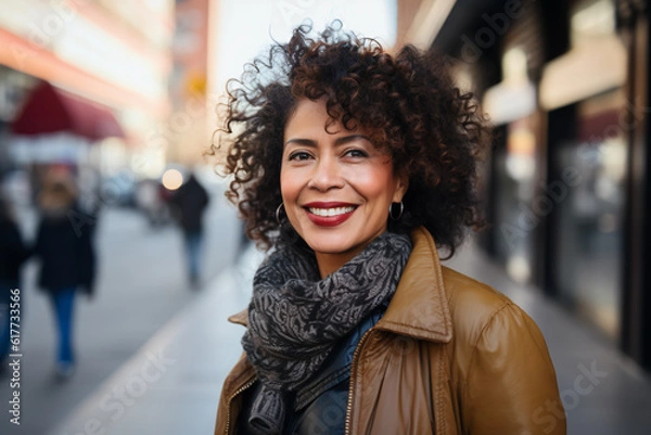Fototapeta Portrait of a confident, smiling middle-aged Hispanic woman in her 40s or 50s, radiating positivity outdoors, showcasing Latin American pride, generative ai