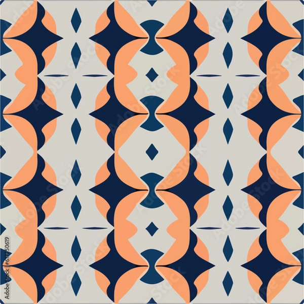 Fototapeta Vibrant orange and blue art deco pattern on white background, perfect for fabrics or decor.