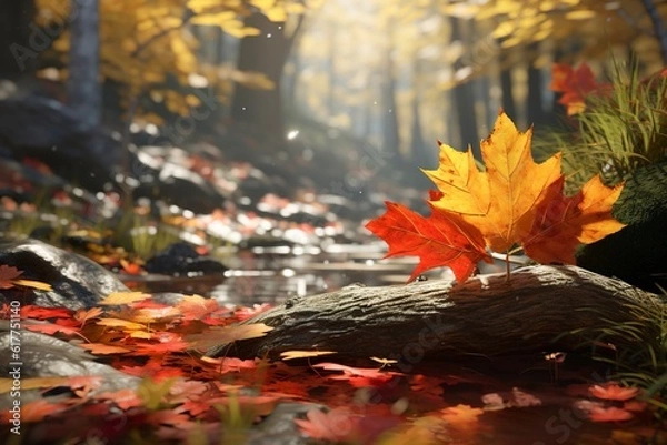 Fototapeta Autumn leaves on the forest floor. Ai generative Art