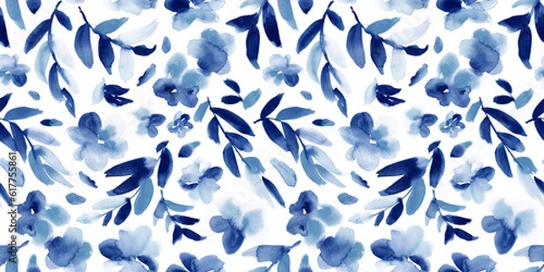 Fototapeta Watercolor floral print in blue and white. Seamless pattern.