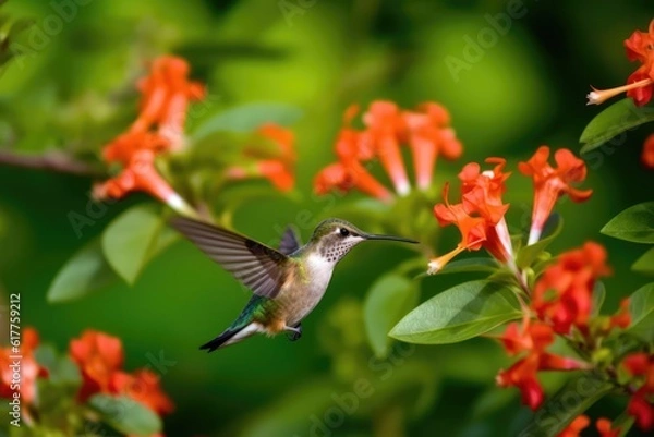 Fototapeta Hummingbird hovering by red flower in nature, created using generative ai technology