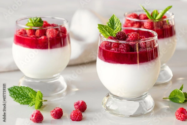 Fototapeta Panna cotta with raspberry jelly and mint leaves in glass glasses on a white table