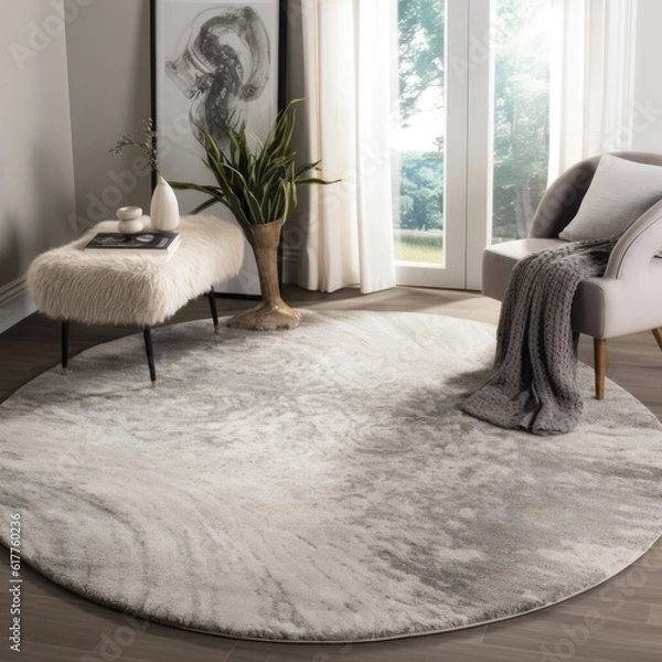 Obraz White and grey round rug on floor in living room, created using generative ai technology