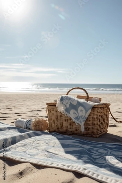 Fototapeta Blue towel with pattern and picnic basket on beach, created using generative ai technology
