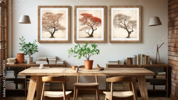 Fototapeta Poster mock up in home interior background, home office, Scandi-boho style, 3d render. Created with generative ai.