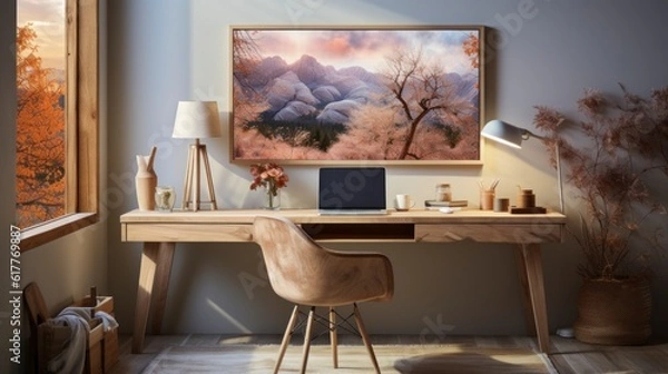 Fototapeta Poster mock up in home interior background, home office, Scandi-boho style, 3d render. Created with generative ai.