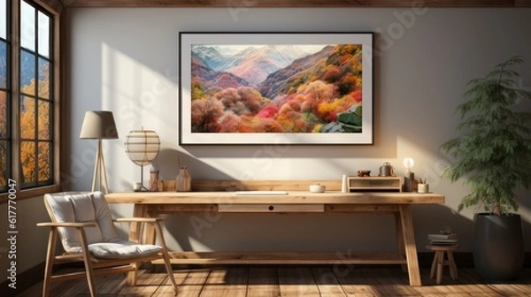 Fototapeta Poster mock up in home interior background, home office, Scandi-boho style, 3d render. Created with generative ai.