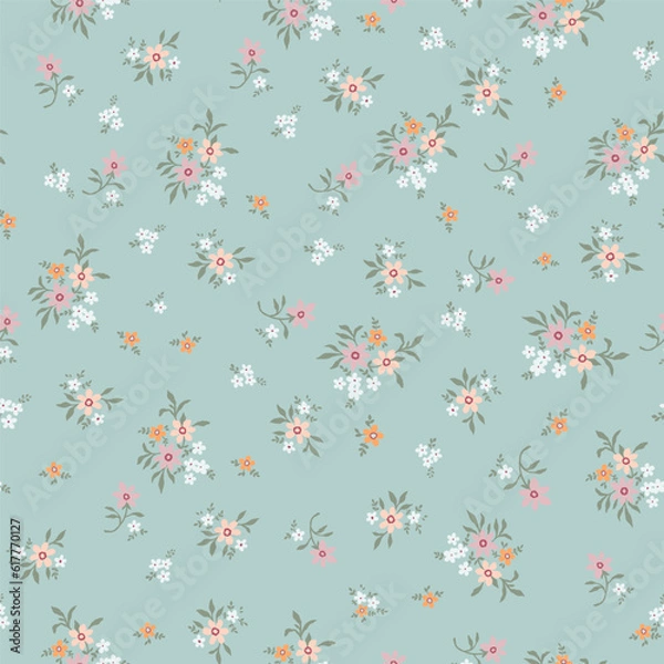 Fototapeta Fashionable pattern with small flowers on a light green background. Seamless botanical print with various floral elements. A collection of vintage textiles for fabrics and wallpapers.