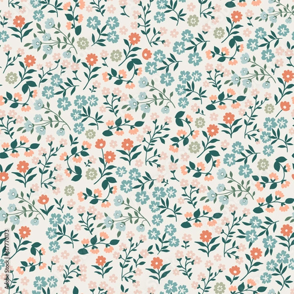 Fototapeta Cute floral pattern of red, pink and blue flowers with green stems. Seamless vector texture. An elegant template for fashionable prints. Light background.
