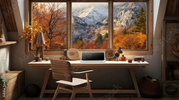 Fototapeta Poster mock up in home interior background, home office, Scandi-boho style, 3d render. Created with generative ai.