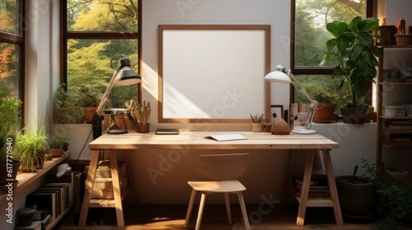 Fototapeta Poster mock up in home interior background, home office, Scandi-boho style, 3d render. Created with generative ai.