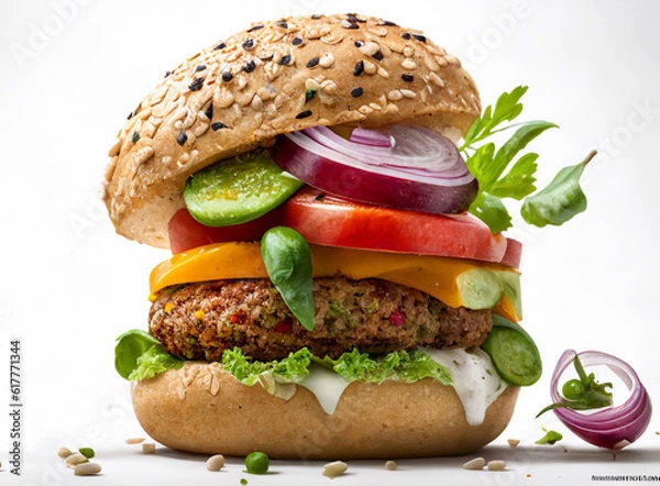 Fototapeta vegan burger with vegetables on a white background, vegan lifestyle 