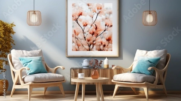 Obraz Poster mock up in home interior background, home office, Scandi-boho style, 3d render. Created with generative ai.