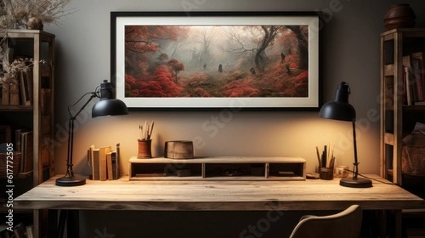 Fototapeta Poster mock up in home interior background, home office, Scandi-boho style, 3d render. Created with generative ai.