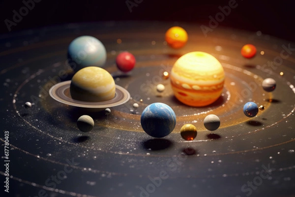 Obraz Celestial Sphere: An artistic rendition of the solar system, showcasing the planets orbiting the sun in a mesmerizing cosmic dance. Evoking a sense of wonder and the vastness of the universe.