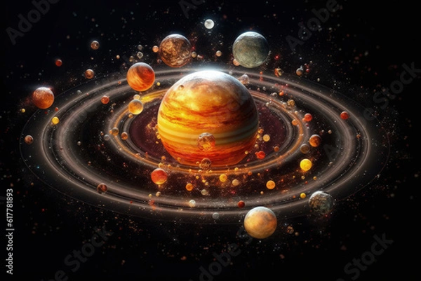 Fototapeta Celestial Dance: An Enigmatic View of the Universe: An artistic rendering of a planetary system, planets orbit a radiant central sphere, rings of light. Explore the vastness of space and a stunning.