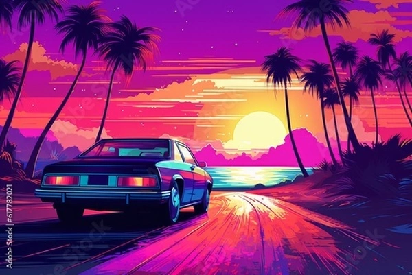 Fototapeta Summer vibes 80s style illustration with car driving into sunset. Generative AI 7