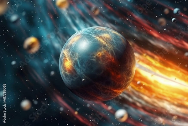 Fototapeta Celestial Orb in Cosmos: A stunning visual of an ethereal sphere bathed in radiant, otherworldly cosmic energy, gracefully navigating the vast expanse of space.