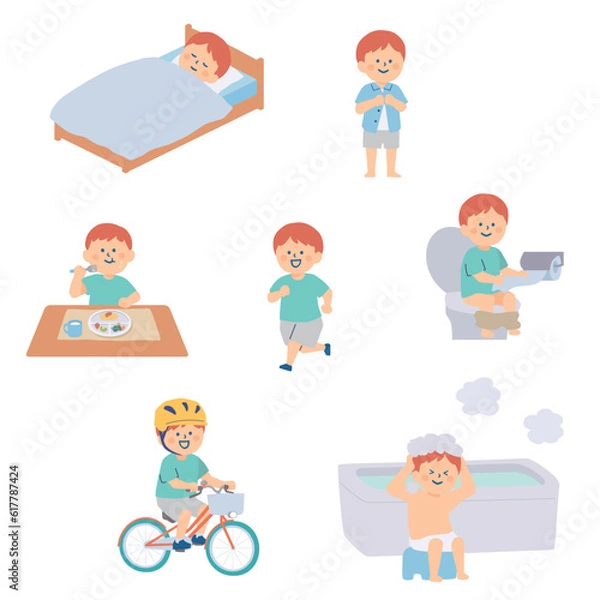 Fototapeta いろんなことが自分でできるようになった幼い子供のイラストセット