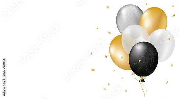 Fototapeta Festive background with festive realistic 3d balloons of gold, black color on a festive background.Stylish poster, cover, banner, website, mobile application, card for greetings, invitations, printing