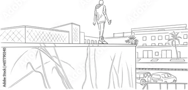 Fototapeta young man on the edge of the building, sketch
