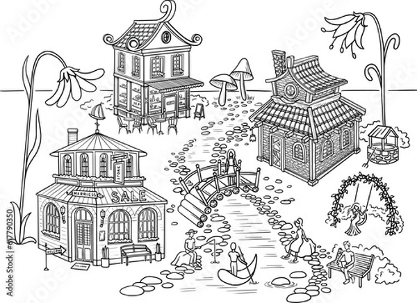 Fototapeta Black and white coloring book page with fairy tale elf village, with different houses, flowers and landscape