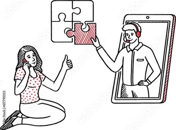 Fototapeta support service, concept, people help to solve the problem on a smartphone