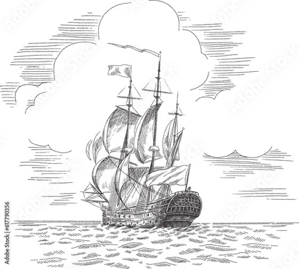Fototapeta Old ship in the sea, sketch