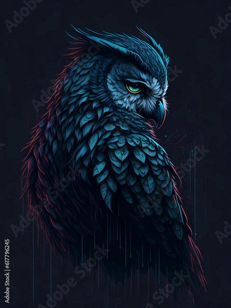 Fototapeta Scenic portrait of a owl in colored ink on a black background