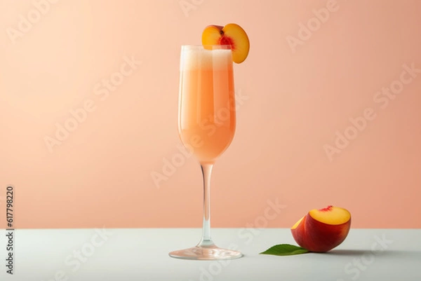 Obraz Bellini cocktail on light stone background. Summer cocktail with peach on light background. Generative AI