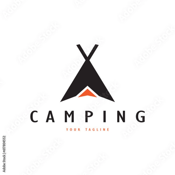 Fototapeta vintage and retro tent logo, camping. With tent, tree and bonfire sign. adventurers, scouts, climbers, camping equipment center