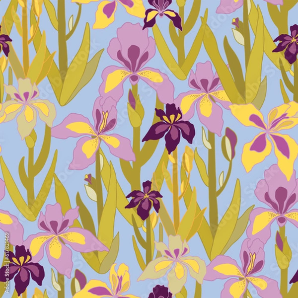 Obraz Iris flowers garden. Seamless pattern on blue background