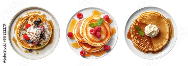 Fototapeta Fresh golden pancakes with cream and chocolate, fruit isolated on transparent background