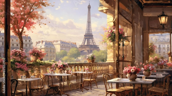 Obraz beautiful paint by number of cafe in Paris with the Eiffel tower. Generative AI