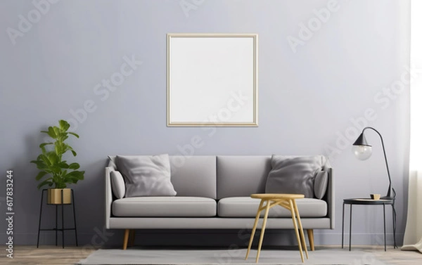 Obraz Living room with mockup frame on the gray wall, decorated with gray sofa and green plant in a vase on the floor, minimalist design scene