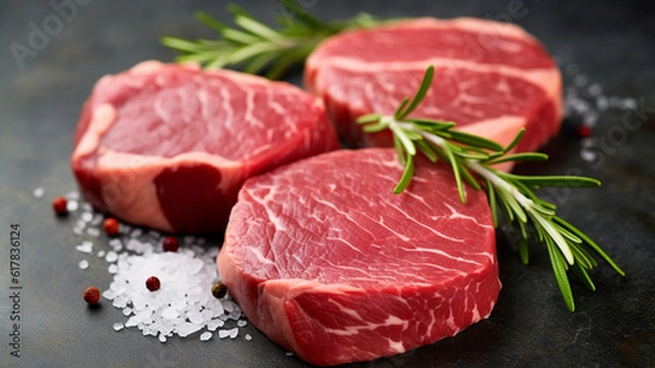 Obraz Fresh raw beef steaks. Generative AI
