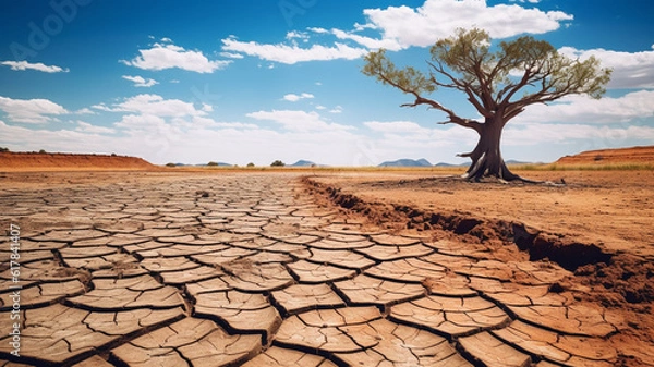 Fototapeta Landscape of dry cracked earth and dead tree. Generative AI