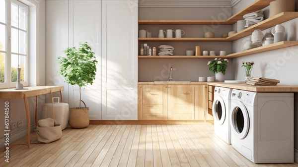 Fototapeta laundry room with hardwood counters and built-in washer. mockup. Generative AI