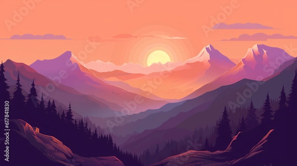 Obraz Mountain peak view landscape with sunrise soft light. Flat 2d. Generative AI
