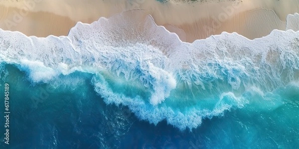 Obraz AI Generated. AI Generative. Top aerial drone air above view of ocean sea waves beach. Island vacation adventure surfing tropical vibe. Graphic Art