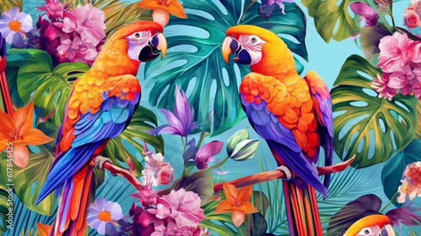 Fototapeta Tropical exotic pattern with parrots and flowers in bright colors. Generative AI