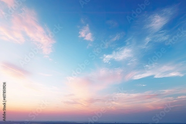 Fototapeta Blue sky colored with sunset light and pastel colors,   background. Generative Ai.