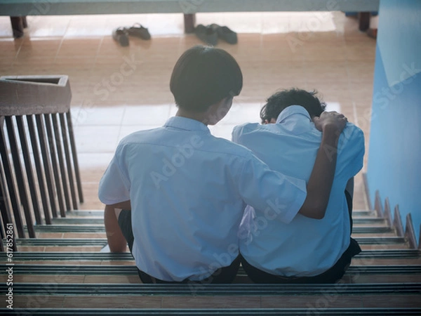 Fototapeta Two students sit down and hug to support a depressed man - a man supports his friend in despair for his love problems. The concept of best friends