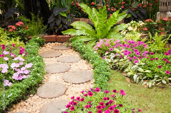 Obraz Stone Paved Garden Path with a Lawn and Flowerbed
