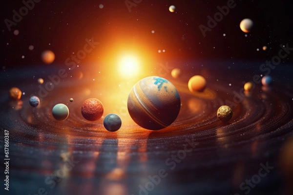 Obraz Celestial Symphony: A captivating visual of the solar system, with planets orbiting a radiant star, evoking the vastness and mystery of space. 