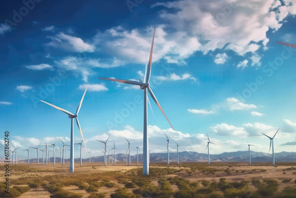 Fototapeta Panoramic Shot Of Vast Wind Turbine Array. Generative AI