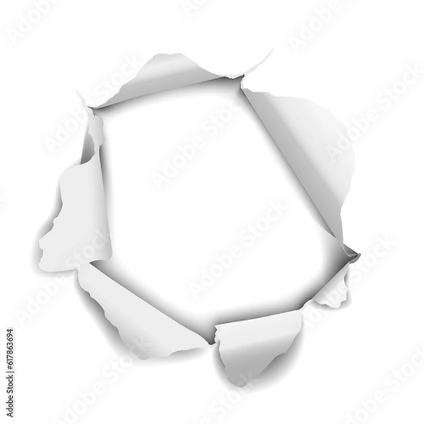 Obraz Realistic hole torn in white paper with curled rolled edges on transparent background
