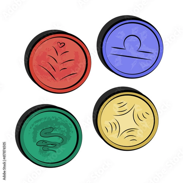 Obraz Set of coins. Coin icons with libra, balance, scales, snake, heart. Vector illustration isolated. Red, blue, yellow and green colors. Game money elements.