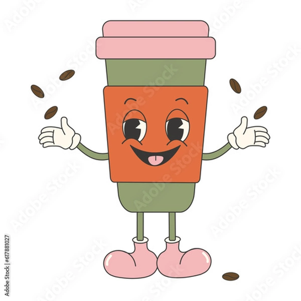 Obraz Trendy groovy coffee cup sticker. Retro vintage vector sticker with cute and funny character.